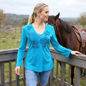 Chico's Cotton Long Sleeve Top Embellished Flowers